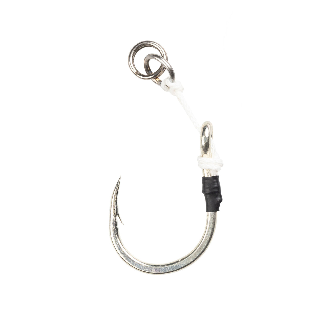 Daiwa Saltiga Assist Single Hook 9/0, krok för jiggning, med vass spets och vit lina, perfekt för fiskeäventyr.
