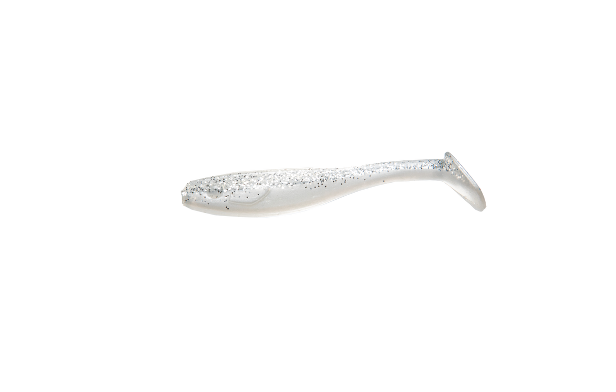 RenzStein RenzShad 7cm jigg i silverglitter, realistisk fiskform och paddelstjärt - perfekt för abborrfiske och jiggning.