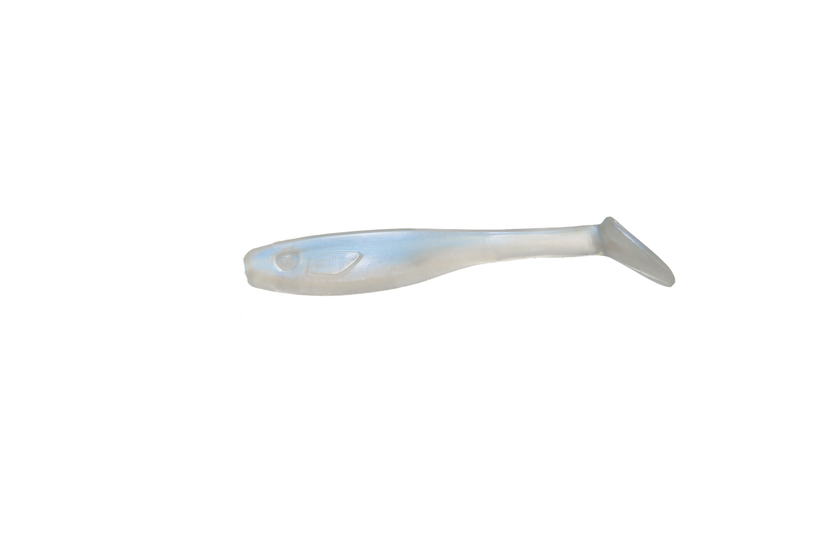 RenzStein RenzShad 7cm, 3g 6-pack jiggfiske-bete i genomskinlig fiskform för abborrfiske. Vit bakgrund.