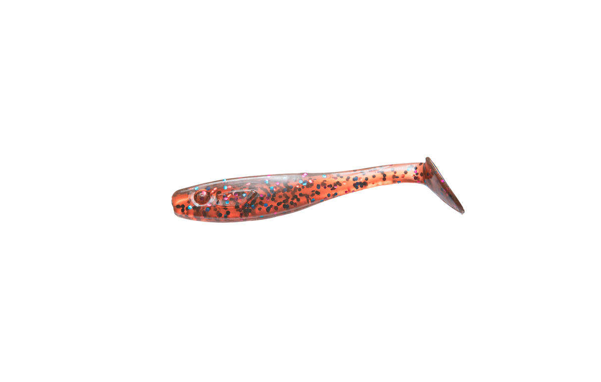 RenzStein RenzShad 7cm jiggar, transparent kropp med orange och svarta prickar, paddelsvans-perfekt för abborrfiske.
