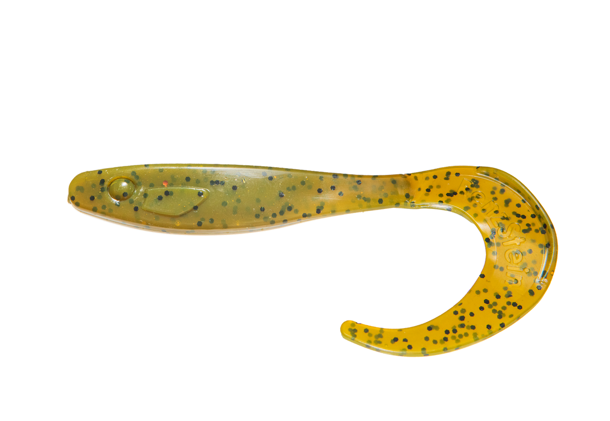 RenzStein RenzTail Abch 22cm jigg, gulgrön med prickar och böjd svans, perfekt för abborrfiske. Visas mot vit bakgrund.