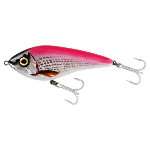 Westin Swim SW Glidebait drag för saltvattensfiske, formad som betesfisk med rosa rygg, silver kropp och två trekrokar.