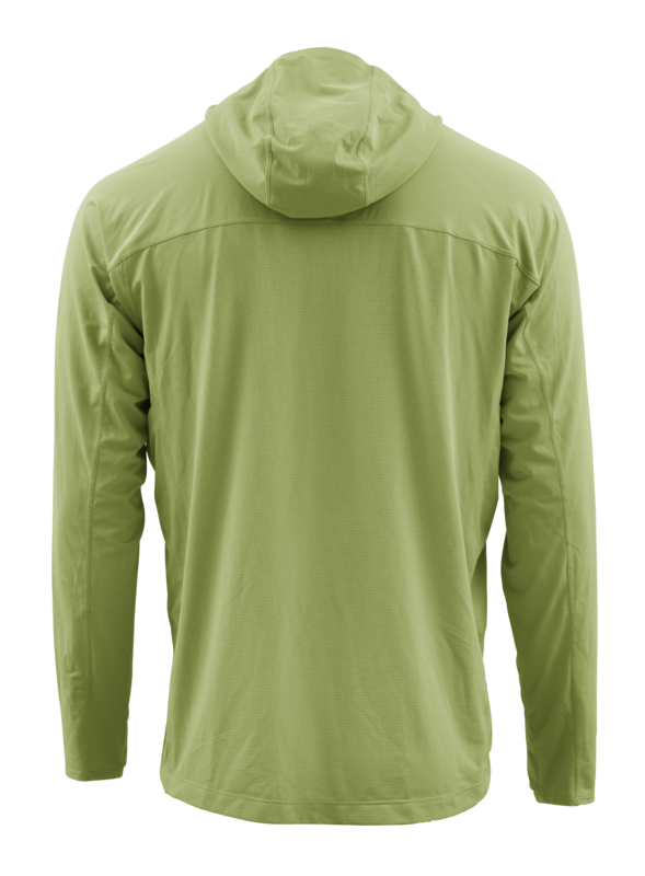 Skwalas Sol Defense Hoody i ljusgrönt, sedd bakifrån, långärmad med huva och UV-skydd för sportfiske och resor.
