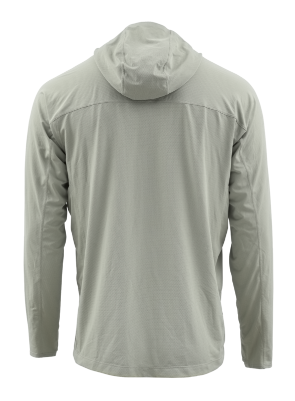 Skwala Fishing Sol Defense Hoody i ljusgrått, visad bakifrån. Perfekt fisketröja med UPF-skydd för utomhusäventyr.