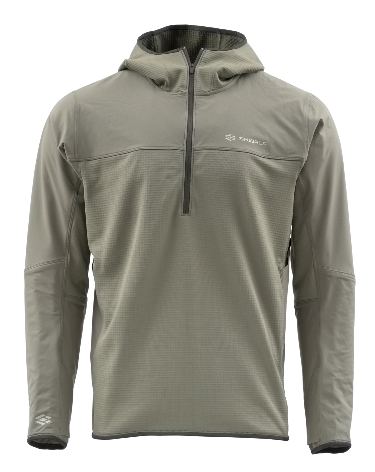 Skwala Fishing Fusion Tactical Hoody i ljusgrått, lång ärm, halv dragkedja, tumhål - perfekt fisketröja för resor och komfort.