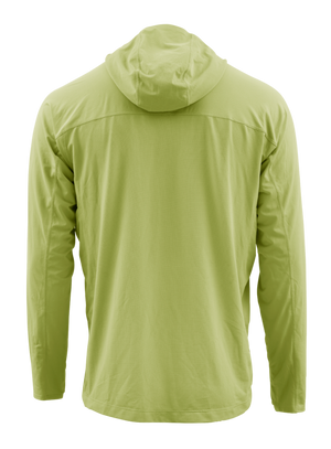 Skwalas Sol Defense Hoody i ljusgrönt, sedd bakifrån, långärmad med huva och UV-skydd för sportfiske och resor.