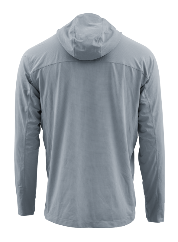 Skwala Fishing Sol Defense Hoody i ljusblått, sedd bakifrån, lättviktsfiskeplagg med UPF-skydd för soliga fiskesor.