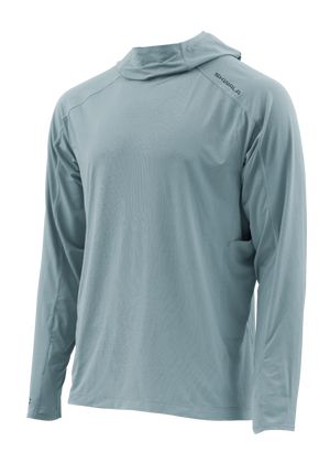 Skwala Fishing Sol Defense Hoody, ljusblå med UV-skydd och tumhål, perfekt för fiskeäventyr. Visas på vit bakgrund.