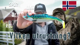 En person visar ett stort, realistiskt fiskedrag mot kameran. Texten Vilken utrustning? syns och norsk flagga i hörnet.
